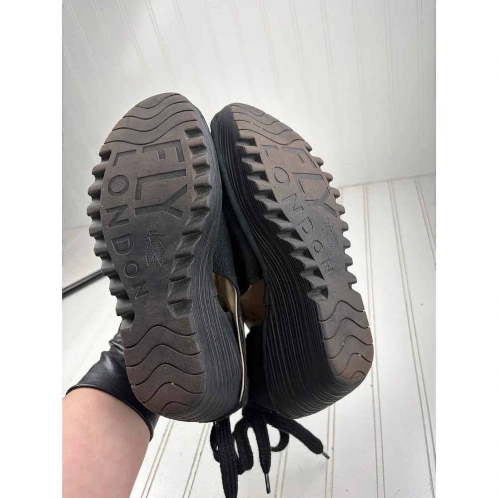 Fly London Yema Black Perforated Lace Up Wedge Sandals Women's Size 40 US 9-9.5